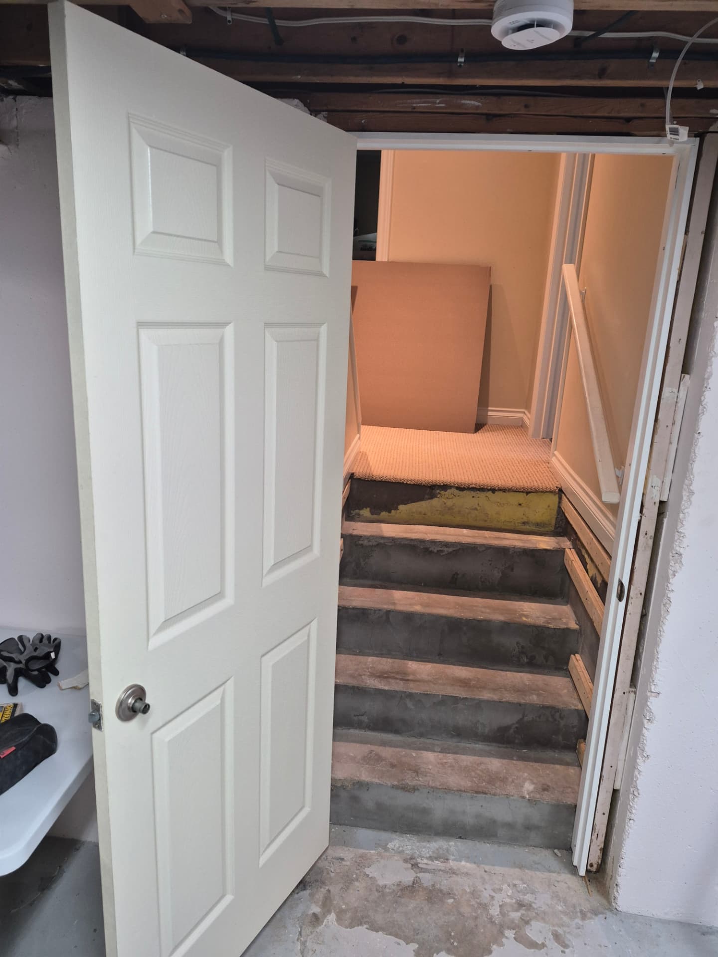 New basement stairwell door — hung and swinging