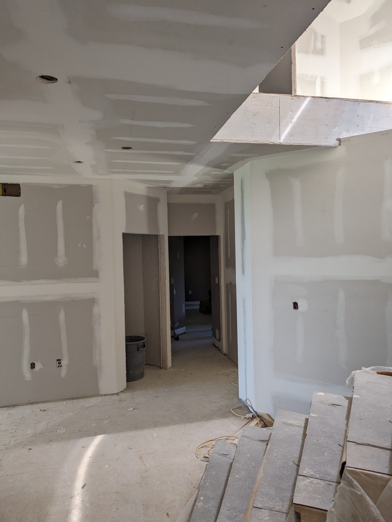 Hallway drywall taped and sanded