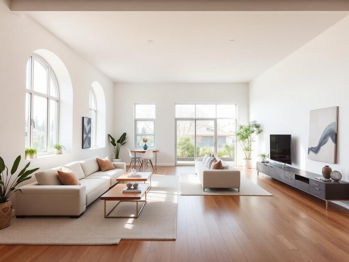 Open concept living space with smooth drywall finish