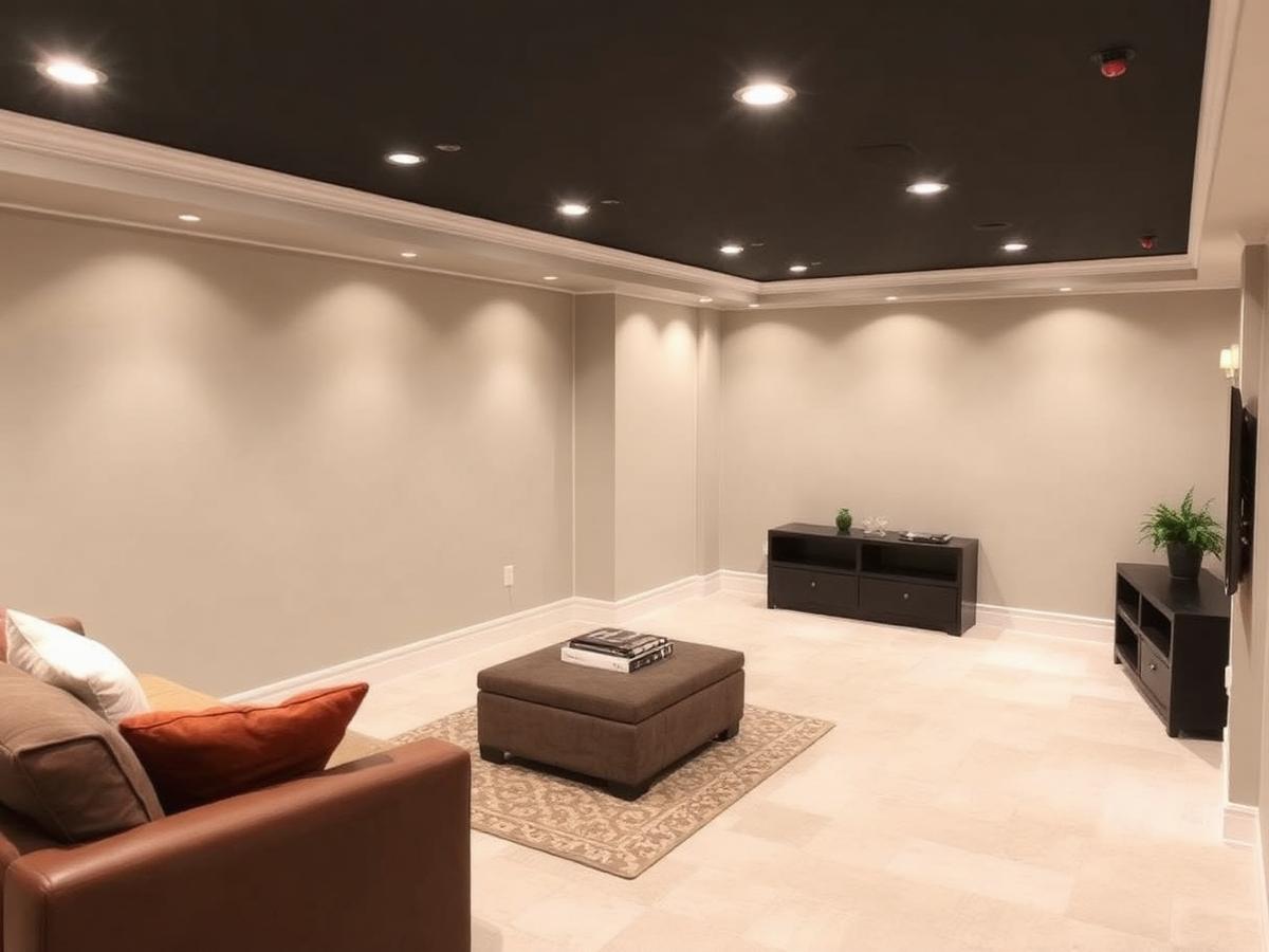 Finished basement with pot lights and smooth walls